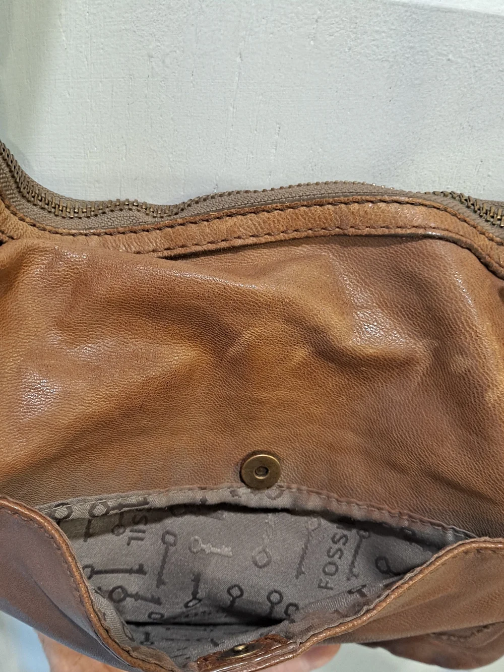 Fossil Cognac Brown Cowhide Lambhide Leather Satchel Front Buckle Flap Brass
